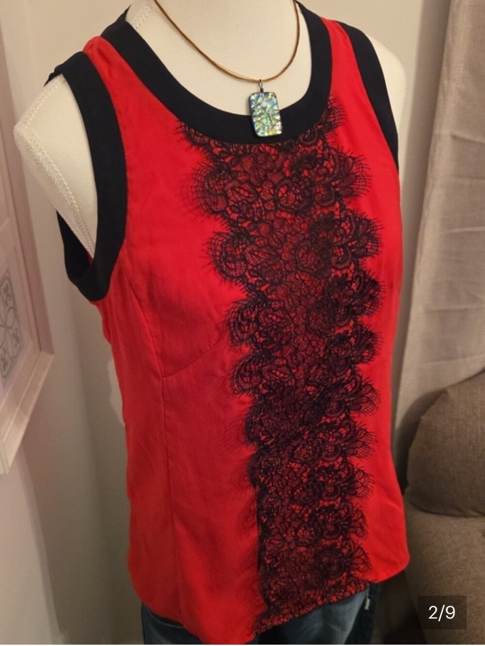 Y2K Nanette Lepore Red w/ Bold Black Trim & Lace Tailored Silky Camisole Blouse